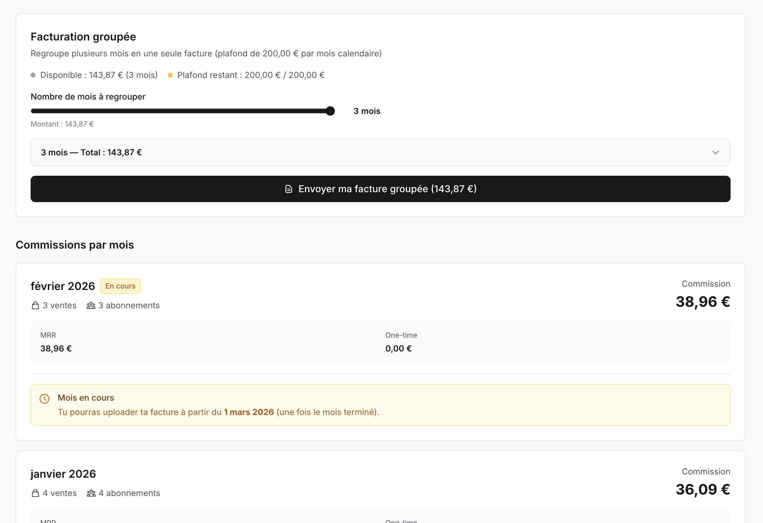 Grouped invoicing and monthly commissions