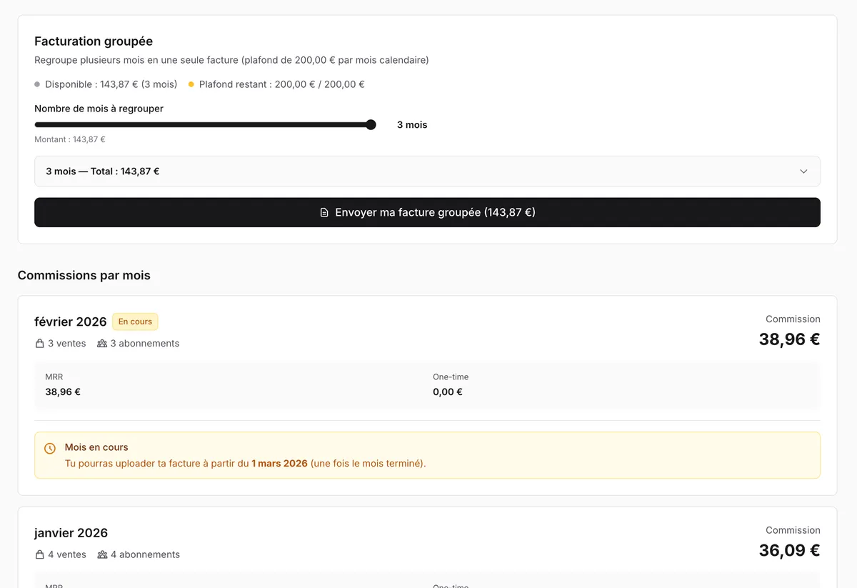 Facturation groupée et commissions mensuelles