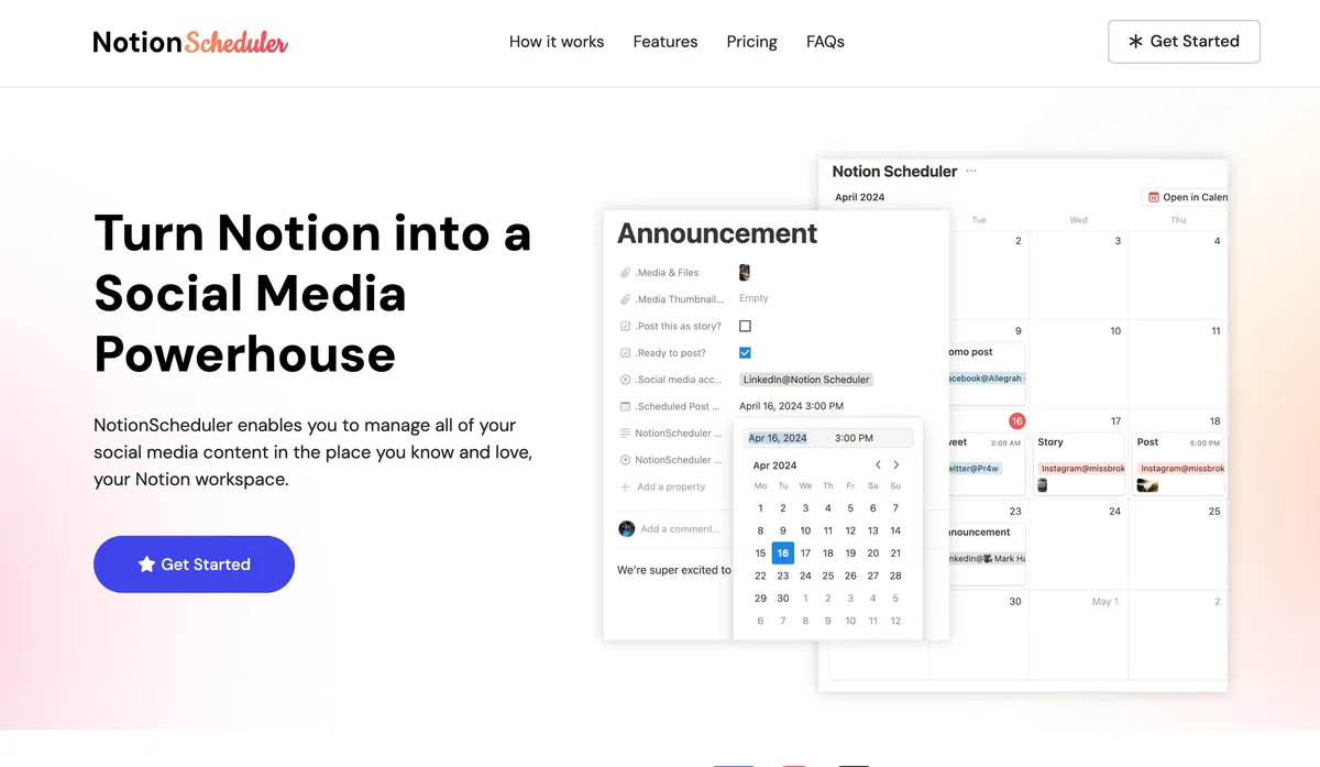 NotionScheduler homepage: Turn Notion into a Social Media Powerhouse