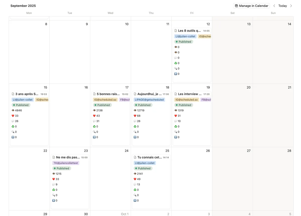 Scheduled calendar view: scheduled posts from Notion with engagement statistics