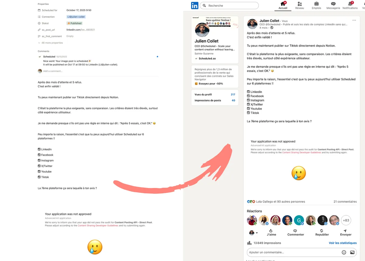 Before and after: post scheduled in Notion then published on LinkedIn