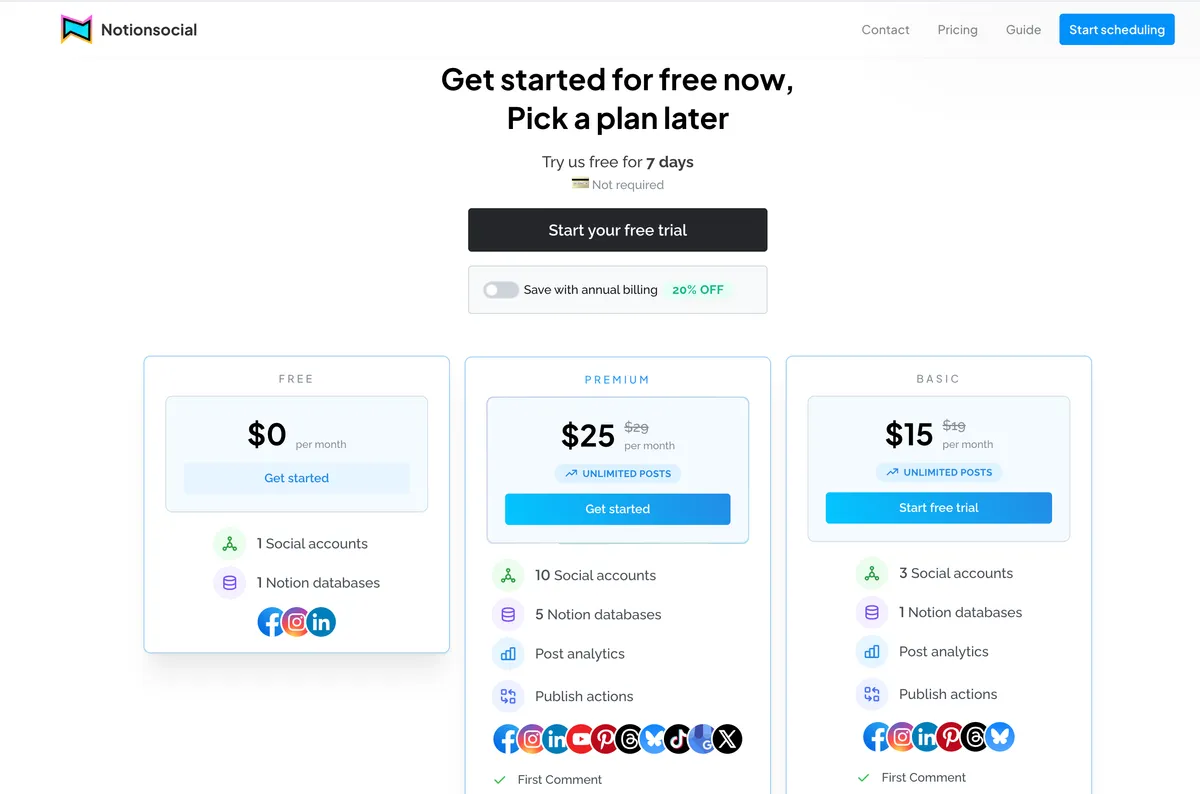 Tarifs NotionSocial : Free 0$/mois, Basic 15$/mois, Premium 25$/mois
