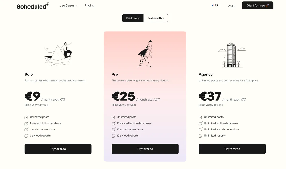 Tarifs Scheduled : Solo 9€/mois, Pro 25€/mois, Agency 37€/mois
